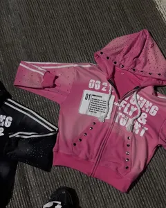 Y2k América Vintage lentejuelas Rhinestone bordado cremallera Sudadera con capucha hombres mujeres Punk gótico raya Patchwork moda sudadera sudaderas con capucha - Product Image 3