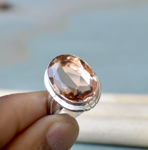 Corte ovalado melocotón morganita 925 plata esterlina noviembre piedra de nacimiento delicado anillo de declaración regalo para su anillo de piedras preciosas - Product Image 1