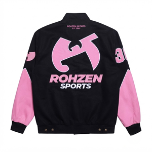 Custom Pink & Black Unisex Oversized Racer/<b>Bomber</b>/Streetwear <b>Jacket</b> Embroidered Patch % Cotton Quick Dry Breathable Plus Size - Product Image 2
