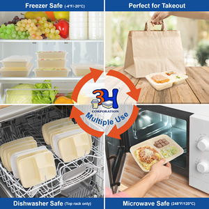 Contenants de préparation de repas 3h Corporation, 3 compartiments, PP, lot de 150, 39 oz, couvercles réutilisables, compatibles micro-ondes/lave-vaisselle/congélateur, design minimaliste - Product Image 6