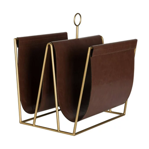 Porte-revues en métal plaqué or et cuir Porte-revues vintage en métal et cuir Bureau Maison Hôtel Affichage - Product Image 6