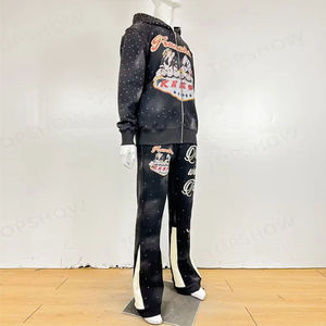 Ensemble de survêtement streetwear délavé à l'acide avec fermeture éclair ornée de strass, pantalon de survêtement vintage ample à jambe droite et sweat à capuche pour homme - Product Image 3
