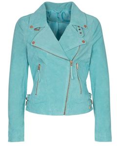 Women Aqua Blue Suede Leather Biker Jacket With Asymmetrical Zipper Slim Fit Design Waist <b>Buckle</b> Stylish Moto Outerwear - Product Image 1