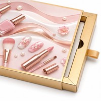 Boîte à tiroir rose doré pour emballage d'ongles press-on, boîte cadeau cosmétique avec poignée en ruban