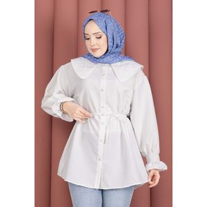 Túnica Blanca para Mujer con Cuello Bordado y Cintura Ajustable con Cordón, Popelina Floral de Rayón, Corte Holgado Informal para Fiestas, Talla XL - Product Image 2
