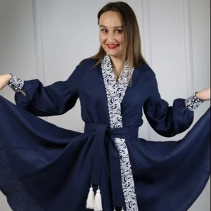 Ukrainian Embroidered Long <b>Balloon</b> Sleeves Knee Length <b>Round</b> Neck Exclusive Women Dress Luxury Ukrainian Long Sleeve Calf Length - Product Image 1