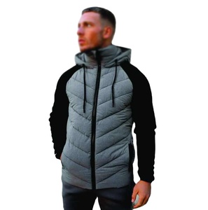 Custom Grey Coated Hooded <b>Patchwork</b> Puffer <b>Jacket</b> 100% Polyester Regular Sleeve Autumn <b>Jacket</b> with Zip Pockets OEM Manufacturer - Product Image 1