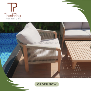 Ensemble de canapé d'extérieur contemporain 230gr en tissu avec cadre en bois chaise longue sectionnelle moderne pour patio jardin pour hôtels villas rotin - Product Image 2