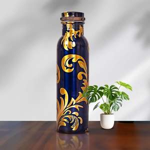 Botella de agua de cobre con estampado floral esmaltado, diseño artesanal hecho a mano para una opción de estilo de vida saludable y ecológico. - Product Image 1