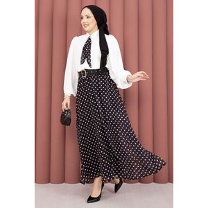 Ensemble chemise en mousseline noire avec écharpe et jupe ceinturée à pois, taille XL, coupe ample, 2 pièces, pour le printemps/été - Product Image 1