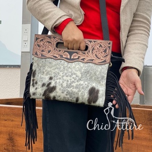 Sac à main à franges en cuir de vachette usiné à la main Sac à bandoulière en cuir usiné coloré pour femmes élégantes Idéal Sac à bandoulière à poignée supérieure - Product Image 1