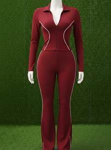 Women Full Length <b>Red</b> Solid Color Polo Neck Zipper <b>Bodysuit</b> Active Stretch Spandex Polyester Jumpsuit - Product Image 3