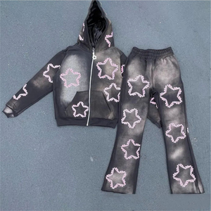 Venta al por mayor de sudaderas con cremallera y pantalones de chándal conjuntos de lavado de piedra etiqueta privada personalizada ropa gruesa para hombres lavado con ácido trajes de sudor - Product Image 1