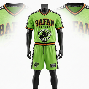 Conjunto de camiseta y pantalones cortos de malla premium de 160 GSM para hombre, en verde neón con paneles en negro en contraste, transpirable, con logo sublimado personalizado. - Product Image 3