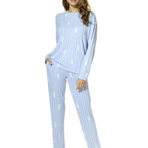 Alta calidad personalizado impreso invierno tejido mujer ropa de dormir 2 piezas ropa informal algodón Spandex pijama conjunto Color sólido - Product Image 1