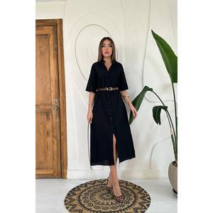 Vestido de Lino Negro al por Mayor de Manga Corta, Silueta Holgada y Cómoda - Product Image 5