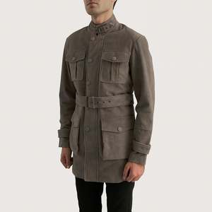 GLOBAL <b>LEATHER</b> Grey Men's Reversible Cowhide <b>Suede</b> Quilted Mandarin Collar <b>Jacket</b> High Embroidered Workwear Vintage Luxury - Product Image 2