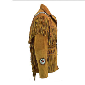 แจ็กเก็ตหนังคาวบอยสีน้ำตาลสำหรับผู้ชายหนังกลับแท้ประดับด้วยลูกปัด2024สไตล์ตะวันตก - Product Image 3