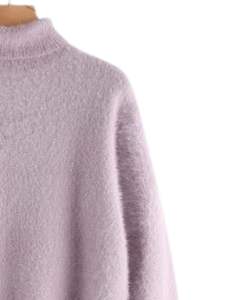 Manufacturer Womens Lavender <b>Purple</b> Fuzzy Knit Cropped Sweater <b>High</b> Neck Long Sleeve Soft Winter Pullover Fashion <b>Top</b> For Women - Product Image 2