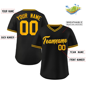 Camiseta de béisbol negra para hombre, nombre y número del equipo personalizados, ribete amarillo, cuello en V, manga corta, uniforme deportivo de poliéster transpirable - Product Image 1