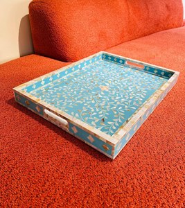 Plateau de service en bois avec incrustation d'os et plateau au design en résine avec logo personnalisé plateau de service de fruits secs pour le petit-déjeuner du Ramadan - Product Image 1