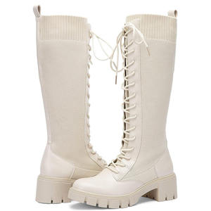 SMART SHINE ENTERPRISES High Quality Cream Knee High Lace Boots Chunky <b>Heel</b> Leather Customized Colors <b>Sizes</b> Model SSE-6934 Shoes - Product Image 5