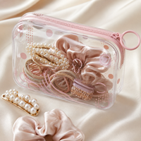 Sac à fermeture éclair en PVC transparent imprimé avec anneau de traction rose pour accessoires capillaires, chouchous et pinces à cheveux, vente en gros, personnalisable