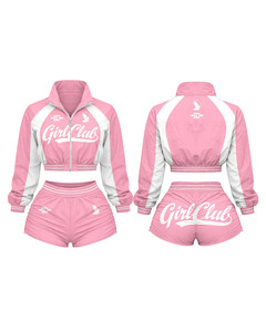 Conjunto de shorts de poliéster de alta calidad con diseño de paneles rosas, top corto con cremallera, cintura con logo personalizado, camiseta 100% algodón y shorts. - Product Image 2