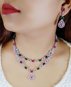 Conjunto de collar de doble capa hecho a mano de tendencia con piedras AD para bodas, compromisos, aniversarios, fiestas, gran idea de regalo - Product Image 3