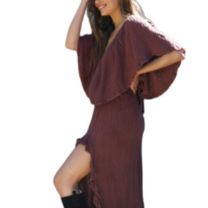 Vestido Maxi bohemio personalizado para mujer, estampado floral, informal, cuello redondo, manga larga, elegante, cintura alta, tejido liso teñido - Product Image 1