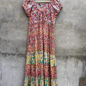 Women's Casual <b>Summer</b> Maxi <b>Dress</b> Short <b>Sleeve</b> Hand Block Printed Floral Pattern in Mix Colors Indian Cotton Tassel Decoration - Product Image 1