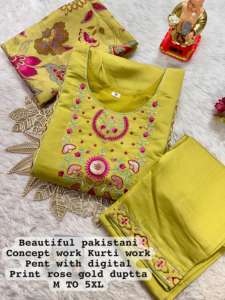 Diseñador Fancy Trendy Ocasional Wear diseñador Fancy Trendy Pure Muslin con bordado a mano Kurti Pant y Dupatta - Product Image 4