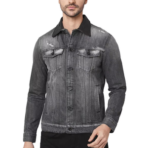 Veste en jean d'hiver pour homme sur mesure, coupe ajustée, avec détails boutonnés, design coupe-vent, denim uni teint décontracté - Product Image 1