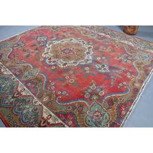 Tapis Turc Oriental Vintage de 9.9x9,9 pieds, Tissage Plat en Laine, Patchwork Rouge Bleu, pour Décoration de Salon, Style Classique, Largeur 4m, Latex - Product Image 4