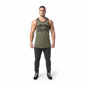 Men's Cotton Blend Knit Gym Tank Top-Olive Green Drop Armhole <b>Stringer</b> <b>Vest</b> for Bodybuilding - Product Image 1