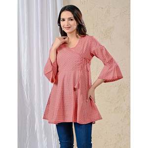 Casual <b>Pink</b> Cotton Printed Angrakha Top Breathable Feature - Product Image 6