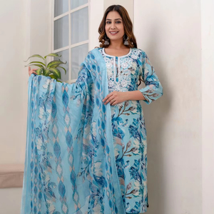 Ropa étnica india Diseñador atractivo Bordado de algodón y estampado digital Kurti y emparejado con pantalón estándar con Dupatta - Product Image 1