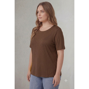 T-shirt en coton couleur café à col rond, taille plus - Product Image 2