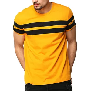 Kaus katun 200GSM leher bulat kualitas bagus kaus cetak Logo kustom kaus emas garis bergaris hitam pria