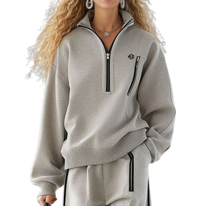 Sweat-shirt en molleton gris pour femme, demi-zip, décontracté, col montant, poche zippée, pull-over, vêtement d'hiver, 100% coton, uni, brodé - Product Image 1