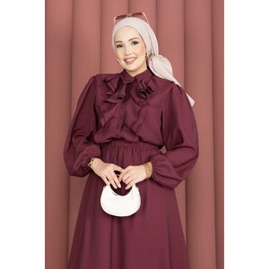 Ensemble deux pièces pour femme avec jupe à volants en crêpe bordeaux et blazer court 100% lin, style évasé, coupe ample pour la saison d'automne - Product Image 2