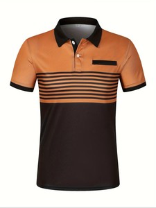 Men's <b>Orange</b> Black Color Blocked Striped Short Sleeve <b>Polo</b> Shirt With Pocket Casual Style Regular Fit - Product Image 1