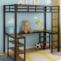 Lit mezzanine en métal noir avec bureau et étagères de rangement Lit superposé en forme de L pour enfants, adultes, dortoirs scolaires et appartements