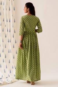 Conjunto de traje Maxi de moda india de alta calidad verde BlockPrint Kurti pantalones seda elegante señoras niñas directo fabricante indio - Product Image 3