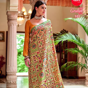 Exquis Gruham pur Banarasi Zari soie Warli imprimé Saree traditionnel fabriqué à la main indien Saree pour les mariages - Product Image 1