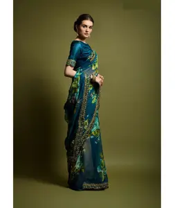 Ropa étnica india Georgette gasa con estampado de flores con trabajo de papel de aluminio con blusa de satén Bengalori pesado precio más bajo Saree