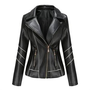 Chaqueta de cuero PU personalizada para mujer, estilo casual, tipo motociclista, para primavera y otoño, color negro. - Product Image 1