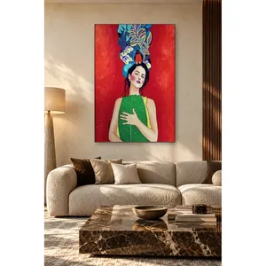 Fida, femme avec un coiffe de paon sur fond rouge, impression sur toile - Product Image 2