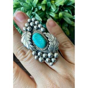 Bague sertie de pierres de turquoise Kingman et d'argent sterling plaqué or rose, fabrication Navajo, taille 6, marque privée sous licence 'IS' - Product Image 2