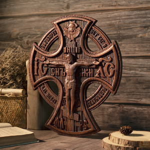 Croce Ortodossa <span class=keywords><strong>da</strong></span> <span class=keywords><strong>Parete</strong></span>, Croce Cristiana Orientale Intagliata a Mano con Dettagli Dorati, Iconica Decorazione Murale di Gesù - Product Image 2